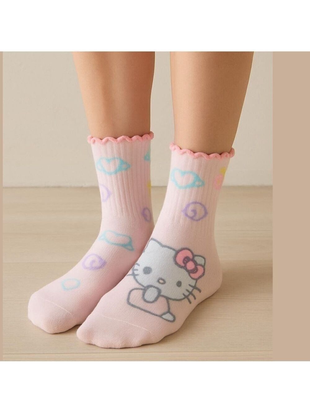 TWO pairs HELLO KITTY socks mid crew socks white pink green shoe size 4-10